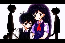  1girl 2boys antenna_hair black_eyes black_hair black_sweater_vest blush bow_(music) bright_pupils brother_and_sister closed_mouth collared_shirt commentary double-parted_bangs dual_persona hair_behind_ear hair_between_eyes holding holding_bow_(music) holding_instrument holding_violin instrument letterboxed long_hair looking_at_another mari_(faraway)_(omori) mari_(omori) multiple_boys neckerchief omori omori_(omori) open_mouth purple_sweater_vest red_neckerchief shirt short_hair short_sleeves siblings silhouette smile spoilers sunny_(omori) sweater_vest syakenimamire violin white_pupils white_shirt 
