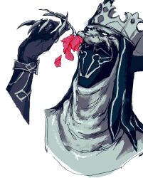  apo_hks armor aventail black_lion_(fate) chainmail claws cropped_shoulders crown disembodied_hand falling_petals fate/grand_order fate_(series) flower highres holding holding_flower mask petals portrait red_flower red_rose rose simple_background sketch solo white_background 