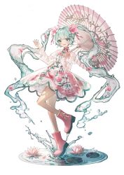  1girl aqua_eyes aqua_hair aqua_nails blush boots bow chinese_clothes commentary_request dress flower full_body green_bow hair_bow hair_flower hair_intakes hair_ornament hands_up hatsune_miku highres holding holding_umbrella layered_dress lily_pad liquid_hair long_hair long_sleeves looking_at_viewer mandarin_collar oil-paper_umbrella open_mouth pankou petticoat pink_boots pink_dress puddle rainwear_hatsune_miku_design_contest rubber_boots see-through_clothes see-through_dress_layer short_dress simple_background smile solo splashing standing standing_on_one_leg twintails umbrella very_long_hair vocaloid watanabe_(seizouhanbai) water white_background white_dress 
