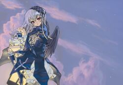  1girl ama-tou black_dress boots commentary_request doll_joints dress grey_hair hairband high_heel_boots high_heels joints knee_boots lamppost light_smile lolita_fashion lolita_hairband long_hair looking_at_viewer rozen_maiden sitting sky solo star_(sky) starry_sky suigintou twilight violet_eyes 