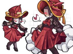  1girl :d ;d arms_at_sides bald bald_female black_gloves black_pantyhose black_shirt black_skin blush_stickers bow breasts closed_eyes collared_shirt colored_eyelashes colored_sclera colored_skin commentary_request cracked_mask curtsey feathers feet_out_of_frame fewer_digits flower full_body genderswap genderswap_(mtf) gloves gold_trim grid_background grin hat hat_bow hat_feather hat_flower high-waist_skirt highres holding_own_skirt knees_together_feet_apart korean_commentary large_hat long_sleeves looking_at_viewer mary_janes mask medium_skirt multiple_views musical_note narrator_(tower_defense_simulator) neckerchief no_nose one_eye_closed outstretched_arms pantyhose pleated_skirt puffy_long_sleeves puffy_sleeves red_eyes red_feathers red_flower red_hat red_neckerchief red_sclera red_skirt roblox shirt shirt_tucked_in shoes simple_background single_blush_sticker skirt small_breasts smile space7human spoken_musical_note standing tareme thick_lineart top_hat tower_defense_simulator u_u white_background white_eyelashes white_mask yellow_bow 