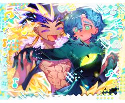  ! !! 1boy 1other :d :o ^_^ abs absurdres abyss_monarch_cookie aqua_background bare_shoulders black_bodysuit black_jacket blonde_hair blonde_streaks blue_hair blurry blush bodysuit closed_eyes colored_eyelashes colored_inner_hair commentary_request cookie_run cookie_run:_ovenbreak couple curtained_hair dark-skinned_male dark_skin depth_of_field electric_eel_cookie extra_eyes eyes_visible_through_hair fang fingernails flat_chest fur-trimmed_jacket fur_trim green_eyes hair_behind_ear halftone hands_up heart highres holding_hands humanization inset_border interlocked_fingers jacket korean_commentary long_hair multicolored_hair musical_note no_sclera no_shirt nose_blush omoyu_(nakyu715) open_mouth other_with_male outline outstretched_arm purple_hair raised_inner_eyebrows saturated short_hair simple_background skin_fang sleeveless sleeveless_jacket smile sparkle standing streaked_hair sweatdrop tareme thick_eyebrows toned toned_male tongue turning_head two-tone_hair upper_body v-shaped_eyebrows very_long_hair white_hair white_outline yellow_background 
