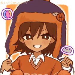  1boy alternate_costume alternate_eye_color artist_name blush bright_pupils brown_eyes brown_hair commentary hair_between_eyes hector_(omori) highres jajajam_yummy long_sleeves looking_at_viewer male_focus omori open_mouth orange_sweater pet_rock shirt shirt_under_sweater short_hair smile solo sweater twitter_username upper_body white_pupils white_shirt 