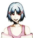 1girl bangs bare_shoulders black_choker blue_hair check_copyright choker collarbone commentary copyright_request dangan_ronpa face hair_ornament hairclip highres kyandii open_mouth parody pink_tank_top red_eyes short_hair simple_background smile solo style_parody tank_top upper_body upper_teeth white_background x_hair_ornament 