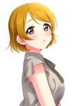  1girl absurdres black_neckwear black_ribbon blush brown_hair from_side grey_shirt highres koizumi_hanayo looking_at_viewer looking_to_the_side love_live! love_live!_school_idol_project neck_ribbon parted_lips ribbon sekina shirt short_sleeves simple_background solo violet_eyes white_background 