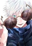  1boy bangs black_jacket blindfold blue_eyes commentary_request different_reflection eyelashes gojou_satoru hair_between_eyes hand_up high_collar holding holding_eyewear jacket jujutsu_kaisen looking_at_viewer male_focus nyangorobei one_eye_covered open_mouth reflection short_hair simple_background smile solo sunglasses twitter_username upper_body white_background white_hair 