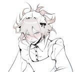  1boy apron bangs black_bow blush bow commentary dangan_ronpa dress greyscale hair_between_eyes highres kyandii long_sleeves looking_at_viewer maid maid_apron maid_headdress male_focus messy_hair monochrome new_dangan_ronpa_v3 open_mouth ouma_kokichi shiny shiny_hair short_hair smile solo upper_body upper_teeth 