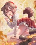  1girl animal_ears autumn_leaves beret black_legwear blurry blush bone_hair_ornament bow bowtie braid breasts brown_footwear collared_shirt commentary dappled_sunlight day depth_of_field dodota dog_ears dog_tail fang full_body hair_between_eyes hair_ornament hat high-waist_skirt highres hololive inugami_korone leaf lens_flare looking_at_viewer maple_leaf medium_breasts medium_hair miniskirt official_alternate_costume open_mouth outdoors plaid_neckwear red_eyes red_headwear red_skirt shirt shoes side_braids skin_fang skirt smile socks solo sparkling_eyes sunlight tail thighs twin_braids virtual_youtuber white_shirt yellow_neckwear 