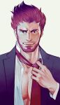  1boy 2bro. adjusting_clothes adjusting_necktie facial_hair formal hand_up long_sleeves looking_at_viewer male_focus necktie open_clothes open_shirt otoja red_neckwear redhead shirt solo spiky_hair stubble suit white_background zangiri-head 