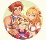  1girl 2boys :d ;) bare_shoulders blonde_hair blue_eyes book breasts enni eyebrows_visible_through_hair fiora_(xenoblade) glasses green_background green_eyes hair_between_eyes hair_ornament hand_on_another&#039;s_shoulder long_hair medium_breasts midriff multiple_boys one_eye_closed open_mouth red_vest redhead reyn_(xenoblade) round_image shulk_(xenoblade) simple_background smile upper_body v vest white_background xenoblade_chronicles xenoblade_chronicles_(series) 