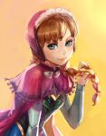  1girl anna_(frozen) blue_eyes blue_skirt bow_(bhp) braid brown_hair cape closed_mouth dress frozen_(disney) fur-trimmed_cape fur_trim hand_up hood hood_up hooded_cape long_hair long_sleeves looking_at_viewer pink_cape single_braid skirt smile solo yellow_background 