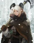  1girl armor axe belt brown_gloves closed_mouth fur_trim gloves herb holding holding_axe holding_weapon horns muraicchi_(momocchi) original outdoors over_shoulder plant pointy_ears short_hair signature snow snowing solo tree violet_eyes weapon weapon_over_shoulder white_hair winter winter_clothes 