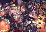  2girls animal_ear_fluff animal_ears bangs bare_tree bat_wings black_capelet black_footwear black_gloves black_headwear black_legwear black_skirt black_wings blonde_hair blush boots bow brown_hair candle candy candy_wrapper capelet cat_ears cat_girl cat_tail center_frills commentary_request crossed_legs ears_through_headwear eyebrows_visible_through_hair feet_out_of_frame fire flower food frilled_skirt frills gloves hair_between_eyes halloween halloween_bucket hand_up hat hat_bow hat_flower hood hood_down hooded_capelet indoors jack-o&#039;-lantern kure~pu lantern lollipop long_hair looking_at_viewer looking_to_the_side mini_hat mini_top_hat mini_wings multiple_girls original parted_lips pleated_skirt purple_bow red_eyes red_flower red_rose rose round_window shirt sitting skirt striped striped_bow swirl_lollipop tail tail_bow thigh-highs thighhighs_under_boots tilted_headwear top_hat tree violet_eyes wavy_mouth white_shirt wings witch_hat 