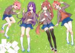  4girls :d :o bangs black_legwear blue_eyes blue_skirt bow brown_hair commentary commission doki_doki_literature_club english_commentary eyebrows_visible_through_hair fang from_above grass green_eyes grey_jacket hair_between_eyes hair_bow hair_ornament hair_ribbon hairclip highres jacket kneehighs long_hair long_sleeves looking_at_viewer lying monika_(doki_doki_literature_club) multiple_girls natsuki_(doki_doki_literature_club) neck_ribbon on_back on_side open_clothes open_jacket open_mouth orange_vest paper pen petals pink_eyes pink_hair ponytail purple_hair red_bow red_neckwear red_ribbon ribbon sayori_(doki_doki_literature_club) shirt shoes short_hair skin_fang skirt smile thigh-highs thigh_gap two_side_up very_long_hair vest violet_eyes white_legwear white_ribbon white_shirt wing_collar yuri_(doki_doki_literature_club) zettai_ryouiki 