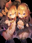  2girls :d abercrombie_(azur_lane) azur_lane bare_shoulders bikini black_background black_dress black_gloves black_hairband black_headwear black_legwear bow breasts closed_mouth commentary_request dress elbow_gloves fake_horns fang gloves groin hair_ornament hairband halloween hand_on_headwear hand_up hat hat_bow horns index_finger_raised looking_at_viewer multiple_girls navel o-ring o-ring_bikini open_mouth orange_bow puffy_short_sleeves puffy_sleeves revealing_clothes semimarusemi short_sleeves simple_background small_breasts smalley_(azur_lane) smalley_(candy_courier)_(azur_lane) smile swimsuit thigh-highs witch_hat yellow_bikini 