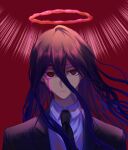  1boy black_hair black_neckwear black_suit blood bloody_tears bullet_hole chainsaw_man chinese_commentary collared_shirt crosshair_pupils dangan_ronpa dripping expressionless formal hair_between_eyes halo highres jacket kamukura_izuru long_hair looking_at_viewer makima_(chainsaw_man) male_focus necktie pink_blood qige red_background red_eyes shirt simple_background solo suit super_dangan_ronpa_2 symbol_commentary 