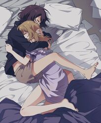  2girls bed black_shirt blanket blonde_hair brown_hair brown_shorts closed_eyes hand_on_another&#039;s_back hand_on_another&#039;s_head hug lying maribel_hearn medium_hair multiple_girls nightgown papers pillow purple_nightgown re_ghotion shirt shorts sleeping sleepwear touhou usami_renko yuri 