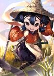  1girl :d black_hair hat hoe holding open_mouth outdoors p_answer rice_paddy sakuna-hime smile solo tensui_no_sakuna-hime violet_eyes 