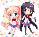  2girls :o bangs black_legwear blazer blush bow bowtie chibi closed_mouth collared_shirt commentary_request eyebrows_visible_through_hair food food_themed_background green_eyes hair_between_eyes hairband holding_hand holding_hands jacket long_hair long_sleeves looking_at_viewer macaron multiple_girls open_mouth ouji_kanade oumi_neneha pantyhose pink_hair pleated_skirt purple_hairband purple_skirt red_bow red_eyes red_footwear school_uniform shiny shiny_hair shirt skirt skirt_hold smile socks soga_tsukihi straight_hair twintails very_long_hair watashi_no_chiisana_ohime-sama. wavy_hair white_legwear white_shirt 