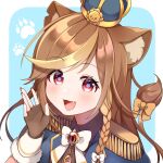  1girl :3 :d animal_ear_fluff animal_ears animal_print armor bangs black_gloves bow braid brown_hair commission crown eyebrows_visible_through_hair fang fingerless_gloves fingernails gloves hazumi_aileen highres indie_virtual_youtuber jewelry light_blue_background long_hair looking_at_viewer mixed-language_commentary multicolored multicolored_eyes multicolored_hair open_hand open_mouth pauldrons paw_print red_nails shoulder_armor smile solo sorata_reon swept_bangs tail tail_bow two-tone_hair violet_eyes virtual_youtuber yellow_bow 