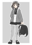  1girl absurdres backpack bag black_bag black_footwear black_ribbon bob_cut border copyright_request full_body grey_eyes grey_hair grey_jacket grey_legwear grey_neckwear grey_ribbon hair_ribbon hand_in_pocket head_tilt high_heels highres holding holding_bag jacket long_sleeves looking_at_viewer maid_headdress medium_hair neck_ribbon outline pantyhose parted_lips randoseru ribbon sekina solo white_border white_outline 