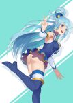  1girl :d aqua_(konosuba) ass bare_shoulders beads blue_eyes blue_footwear blue_hair boots breasts commentary detached_sleeves english_commentary foot_up hair_beads hair_ornament hair_rings high_heel_boots high_heels highres kono_subarashii_sekai_ni_shukufuku_wo! large_breasts long_hair looking_at_viewer no_panties open_mouth simple_background smile solo spiffydc standing standing_on_one_leg thigh-highs thigh_boots thighhighs_under_boots twitter_username v very_long_hair 