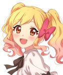  1girl :d aikatsu! aikatsu!_(series) blonde_hair blush bow bowtie brown_bow brown_neckwear from_side gradient_hair highres looking_at_viewer medium_hair multicolored_hair nijino_yume open_mouth pink_hair puffy_short_sleeves puffy_sleeves red_bow sekina shirt short_sleeves simple_background smile solo twintails white_background white_shirt 