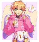  1girl ahoge blonde_hair closed_mouth cup cyborg enni eyebrows_visible_through_hair fiora_(xenoblade) green_eyes holding holding_cup hood hoodie mecha-fiora pink_hoodie short_hair smile solo tongue tongue_out upper_body white_background xenoblade_chronicles xenoblade_chronicles_(series) 