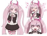  1girl angry blush bow closed_eyes closed_mouth collared_shirt dangan_ronpa drooling empty_eyes eyebrows_visible_through_hair fake_horns frilled_sleeves frills furrowed_eyebrows hair_bow hairband heart highres horns long_hair multiple_views omochi_ksw open_mouth pink_eyes pink_hair polka_dot polka_dot_bow saliva shirt simple_background skirt smile striped striped_legwear twintails upper_teeth utsugi_kotoko v-shaped_eyebrows very_long_hair white_background zettai_zetsubou_shoujo 