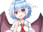  /\/\/\ 1girl bat_wings blush brooch cravat eyebrows_visible_through_hair fang flat_chest furrowed_eyebrows head_tilt highres jewelry kiui_(dagk8254) light_blue_hair nervous nervous_smile no_hat no_headwear pointy_ears puffy_short_sleeves puffy_sleeves red_eyes red_neckwear remilia_scarlet shirt short_hair short_sleeves simple_background solo sweatdrop touhou upper_body white_background white_shirt wings 
