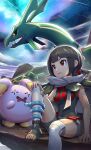  1girl bangs black_hair black_shirt blunt_bangs breasts clouds commentary_request covered_navel dragon gen_3_pokemon glowing glowing_eyes gonzarez grey_cloak highres legendary_pokemon looking_up medium_breasts mega_stone one_knee open_mouth parted_lips pokemon pokemon_(creature) pokemon_(game) pokemon_oras rayquaza red_eyes shirt short_hair short_shorts shorts sitting sky sleeveless sleeveless_shirt smile space star_(sky) starry_sky wavy_mouth whismur zinnia_(pokemon) 
