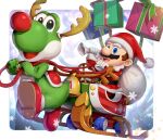  1boy :d antlers bell belt blue_eyes border brown_hair christmas commentary_request facial_hair fake_antlers fake_nose fur-trimmed_jacket fur_trim gift gloves gonzarez hat holding holding_sack jacket jingle_bell long_sleeves looking_at_viewer mario super_mario_bros. mario_kart mario_kart_tour mustache nintendo open_mouth pants pom_pom_(clothes) pulling red_footwear red_headwear red_jacket red_pants reindeer_antlers reins sack santa_costume santa_hat shoes short_hair sitting sleigh smile snowflakes star_(symbol) upper_teeth white_border white_gloves yoshi 