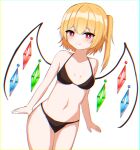  1girl arms_at_sides bare_shoulders bikini black_bikini blonde_hair blush breasts bright_pupils chromatic_aberration closed_mouth collarbone cowboy_shot crystal dutch_angle eyebrows_visible_through_hair facing_viewer flandre_scarlet furrowed_eyebrows highres kiui_(dagk8254) medium_breasts navel one_side_up red_eyes short_hair simple_background smile solo standing sweatdrop swimsuit touhou white_background wings 