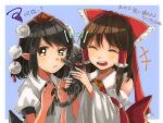  +++ 2girls animal ark_tr black_hair blue_background blush bow brown_eyes cat closed_eyes collar commentary_request detached_sleeves english_text hair_bow hair_tubes hakurei_reimu hat highres holding holding_animal holding_cat multiple_girls open_mouth pointy_ears pom_pom_(clothes) puffy_short_sleeves puffy_sleeves red_bow red_headwear red_ribbon ribbon shameimaru_aya short_sleeves squiggle tokin_hat touhou translation_request upper_body 
