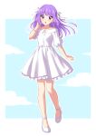  1girl absurdres blue_background border copyright_request dress earrings floating_hair full_body hair_ribbon hand_up high_heels highres jewelry long_hair looking_at_viewer outline parted_lips puffy_short_sleeves puffy_sleeves purple_hair ribbon sekina short_sleeves solo standing standing_on_one_leg violet_eyes white_border white_dress white_footwear white_outline white_ribbon 