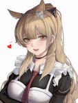  1girl absurdres animal_ear_fluff animal_ears arknights bangs blemishine_(arknights) blonde_hair highres horse_ears libushibaijiangde long_hair looking_at_viewer necktie open_mouth ponytail red_neckwear simple_background solo white_background yellow_eyes 