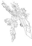  clenched_hand energy_gun gun gundam gundam_unicorn highres holding holding_gun holding_weapon lineart looking_down mecha monochrome no_humans nt-d sa/tsu/ki shield solo unicorn_gundam_banshee v-fin weapon white_background 