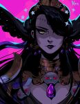  1girl black_hair earrings hades_(game) hair_over_one_eye highres jewelry koyorin lipstick long_hair looking_at_viewer makeup nyx_(hades) pink_background portrait skull solo yellow_eyes 