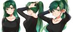 1girl absurdres arms_up bangs black_sweater blush closed_mouth earrings fire_emblem fire_emblem:_the_blazing_blade fire_emblem_heroes from_behind green_eyes green_hair grin high_ponytail highres jewelry long_hair long_ponytail looking_at_viewer lyn_(fire_emblem) ormille smile sweater tying_hair 