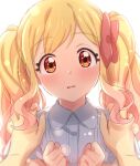  1girl aikatsu! aikatsu!_(series) blonde_hair blurry blush bokeh bow collared_shirt depth_of_field gradient_hair grey_shirt hair_bow highres looking_at_viewer multicolored_hair nijino_yume parted_lips pink_hair pov pov_hands red_bow red_eyes sekina shirt simple_background solo_focus twintails upper_body white_background wing_collar 