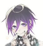  1boy alternate_hair_length alternate_hairstyle bangs black_hair black_nails checkered checkered_scarf closed_mouth dangan_ronpa finger_to_mouth grey_background hair_between_eyes highres index_finger_raised kyandii looking_at_viewer male_focus nail_polish new_dangan_ronpa_v3 ouma_kokichi purple_hair scarf short_hair simple_background sketch smile solo star_(symbol) upper_body violet_eyes white_background 