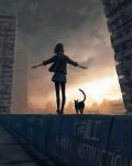  1girl absurdres balancing black_cat black_hair black_legwear building cat facing_away from_behind guweiz highres original pantyhose pleated_skirt ruins short_hair skirt solo sunset wind 