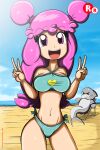  1girl ami_onuki beach big bikini chair cowboy_shot dolphin hands_up hi_hi_puffy_amiyumi highres large_breasts midriff navel pink_eyes pink_hair pose ryured smile swimsuit teeth v 