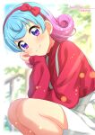  1girl :3 absurdres aikatsu! aikatsu!_(series) blue_eyes blue_hair blurry blurry_background blush bokeh bow bow_hairband chin_rest curly_hair dated depth_of_field doujima_nina english_text hair_bow hairband hand_up happy_birthday head_tilt highres long_sleeves looking_at_viewer medium_hair multicolored multicolored_eyes multicolored_hair pink_hair red_bow red_hairband red_sweater sekina skirt smile solo squatting suspender_skirt suspenders sweater two-tone_hair violet_eyes white_skirt 