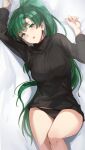  1girl absurdres asymmetrical_bangs bangs black_sweater blush breasts earrings fire_emblem fire_emblem:_the_blazing_blade green_eyes green_hair high_ponytail highres jewelry large_breasts long_hair long_sleeves looking_at_viewer lyn_(fire_emblem) ormille panties ponytail sweater thighs underwear 