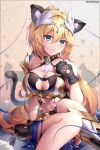  1girl absurdres alternate_costume animal_ears armor artist_name asc11 bianka_durandal_ataegina bikini_armor blonde_hair blue_eyes breasts cat_cutout cat_ears cat_tail character_name cleavage_cutout clothing_cutout dated earrings fake_animal_ears fake_tail gloves hair_between_eyes hair_ornament high_ponytail highres honkai_(series) honkai_impact_3rd jewelry large_breasts long_hair looking_at_viewer midriff navel paw_gloves paws solo tail very_long_hair watermark 