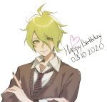  1boy ahoge amami_rantarou brown_sweater collared_shirt commentary crossed_arms dangan_ronpa dated green_eyes green_hair happy_birthday heart kyandii looking_at_viewer male_focus necktie new_dangan_ronpa_v3 shirt short_hair simple_background solo striped striped_neckwear sweater upper_body white_background white_shirt 