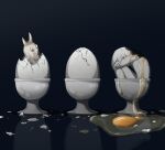  1boy avogado6 bird black_background broken cracked_skin curled_up egg from_side original sitting white_hair white_skin yolk 