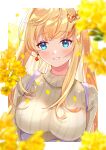  1girl bangs beige_sweater blonde_hair blue_eyes blurry_foreground border bow breasts earrings eyebrows_visible_through_hair flower fujishiro_kokoa grin hair_bow hair_ornament highres jewelry large_breasts long_hair orange_bow original sidelocks smile solo strap sweater turtleneck upper_body white_background yellow_flower 