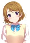  1girl absurdres blue_bow blue_neckwear blush bow bowtie brown_hair closed_mouth head_tilt highres koizumi_hanayo looking_at_viewer love_live! love_live!_school_idol_project school_uniform sekina shirt short_hair short_sleeves smile solo upper_body vest violet_eyes white_shirt yellow_vest 